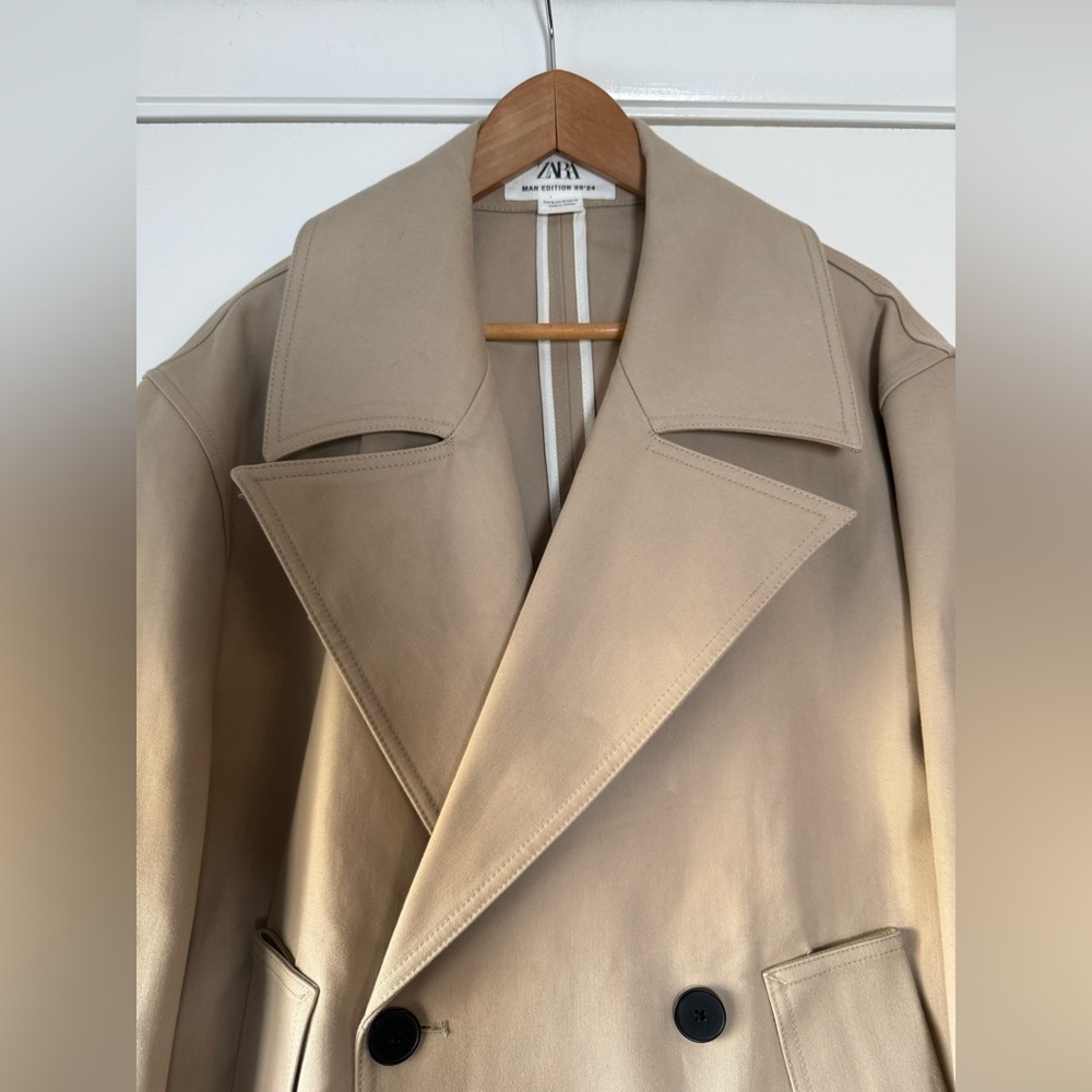 Zara Man Edition Short Trench Coat Jacket 100% Cotton Khaki Tan Medium - Picture 4 of 11